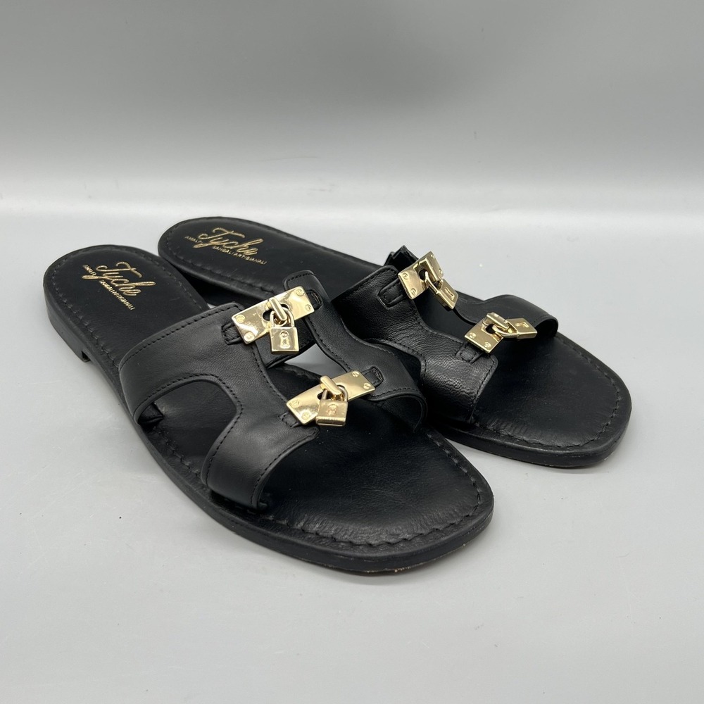 Tyche Sandals Womens 9.5 Black Leather Cutout Slide Resort Y2k 90s Made Italy